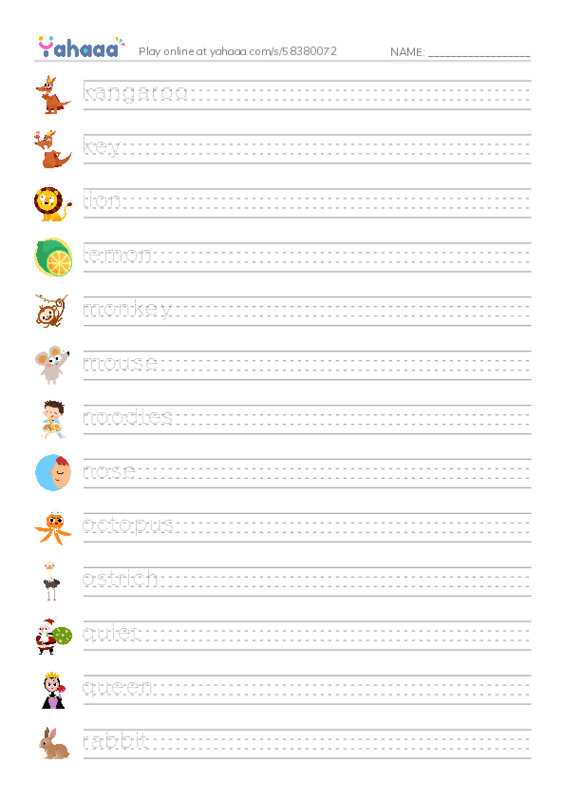 Handwriting lines worksheet for klmnopqrt