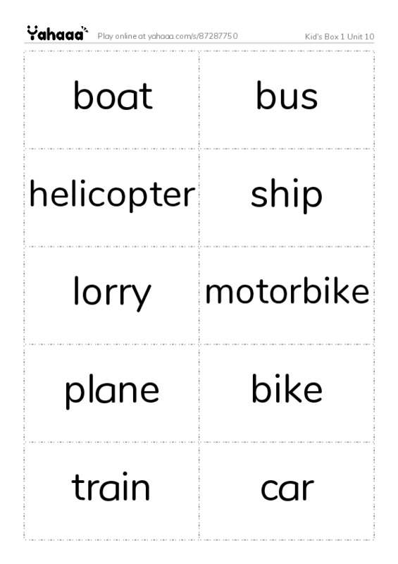 Word flashcards worksheet for Kid's Box 1 Unit 10
