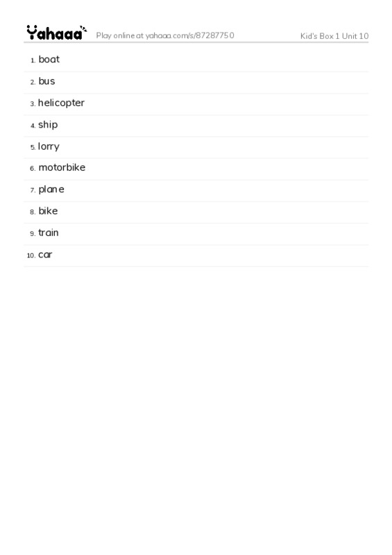 Word list with meanings worksheet for Kid's Box 1 Unit 10