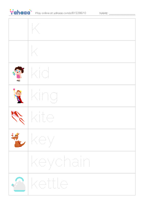 Picture and word rows worksheet for Kk