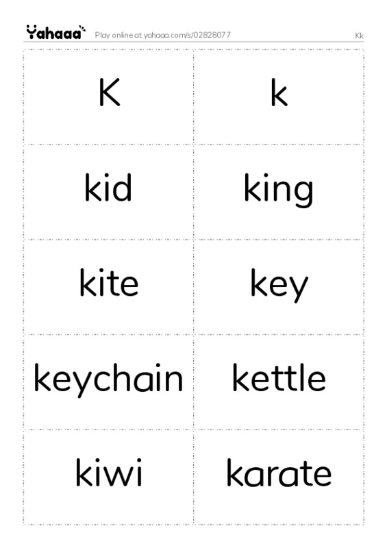 Word flashcards worksheet for Kk