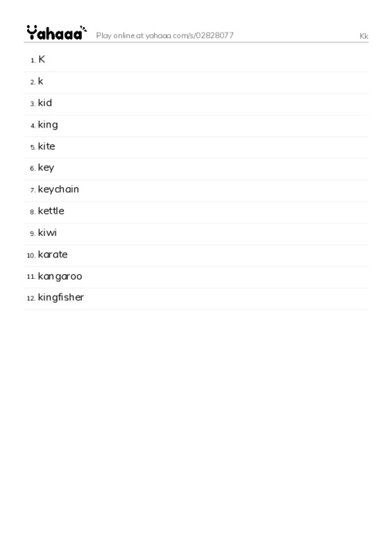 Word list with meanings worksheet for Kk