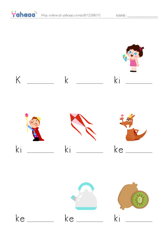 Finish the word worksheet for Kk