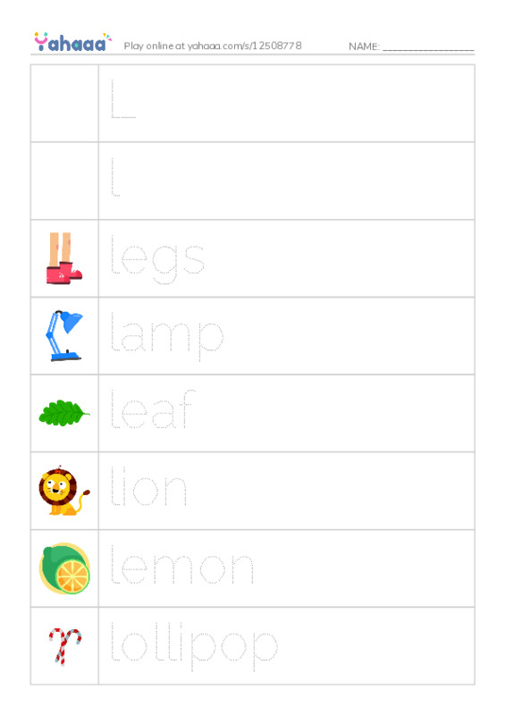 Picture and word rows worksheet for Ll