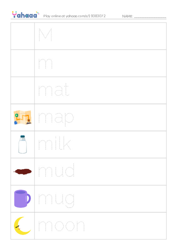 Picture and word rows worksheet for Mm