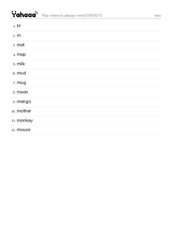 Word list with meanings worksheet for Mm