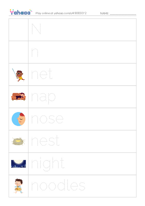 Picture and word rows worksheet for Nn