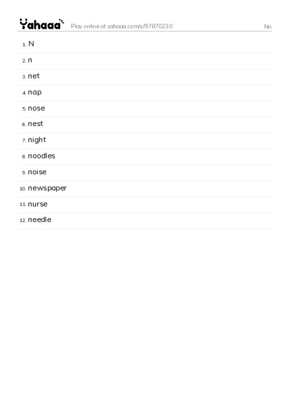Word list with meanings worksheet for Nn