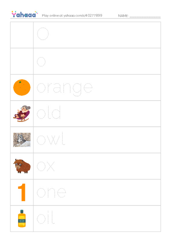 Picture and word rows worksheet for Oo
