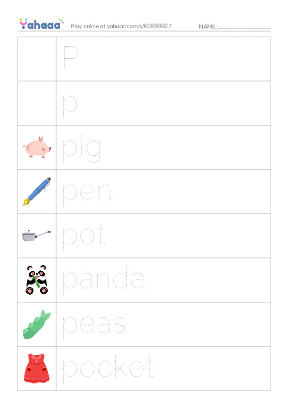 Picture and word rows worksheet for Pp
