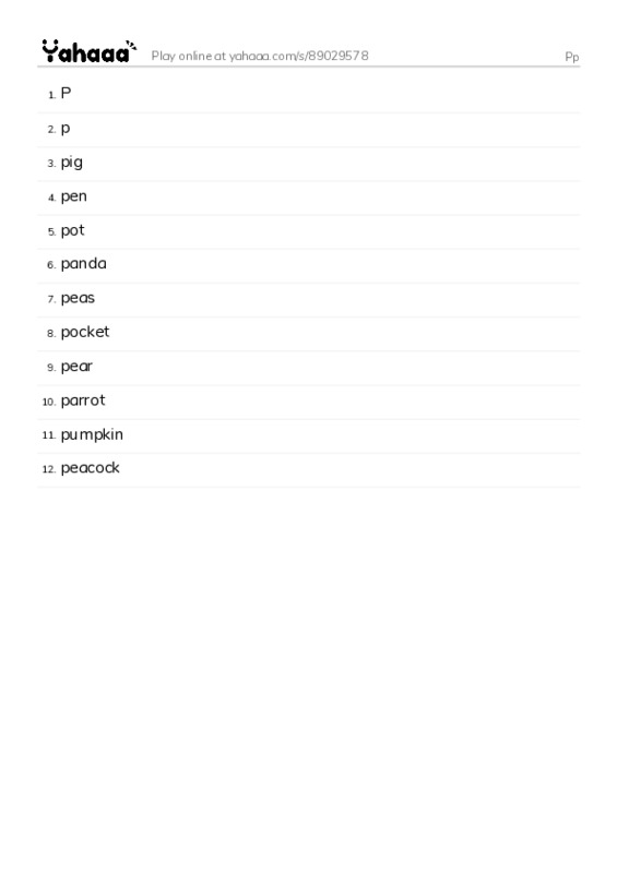 Word list with meanings worksheet for Pp