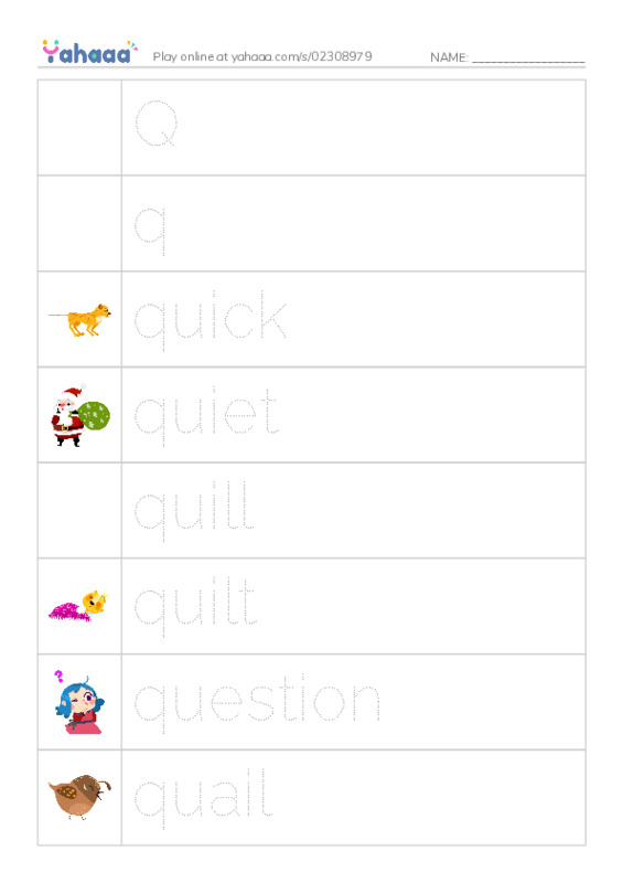 Picture and word rows worksheet for Qq