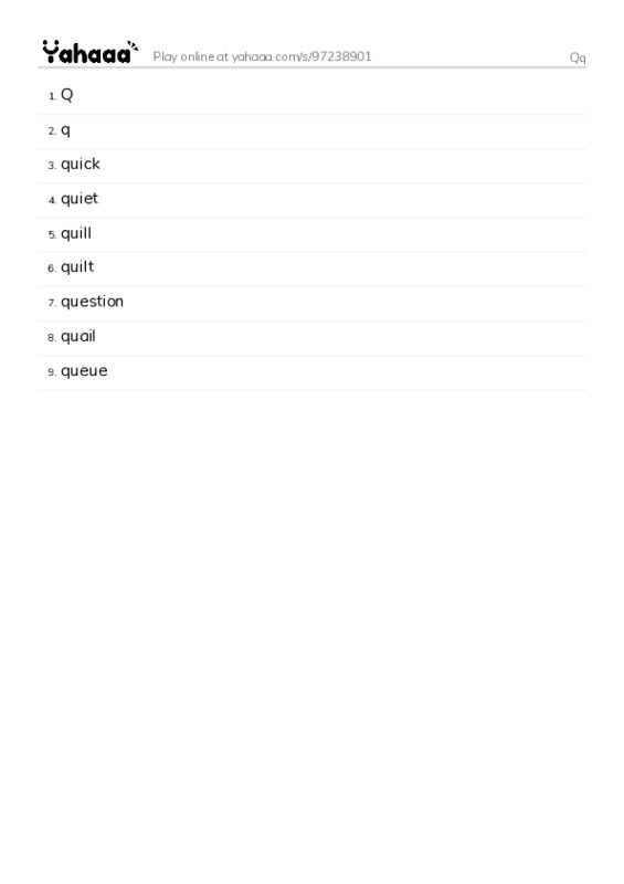 Word list with meanings worksheet for Qq