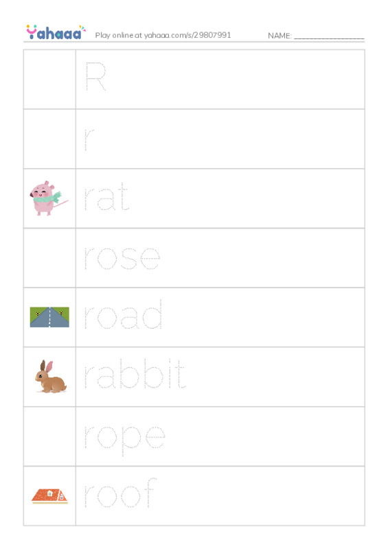 Picture and word rows worksheet for Rr