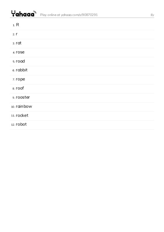 Word list with meanings worksheet for Rr