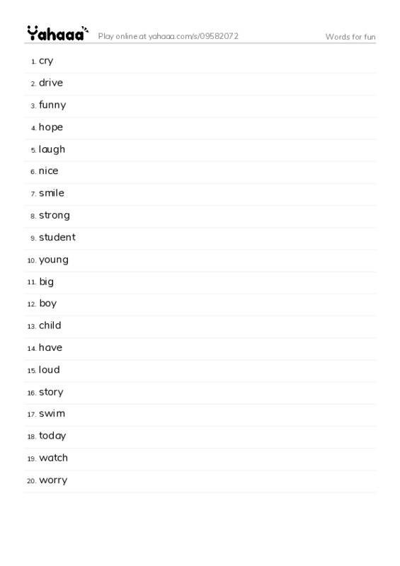 Word list with meanings worksheet for Words for fun