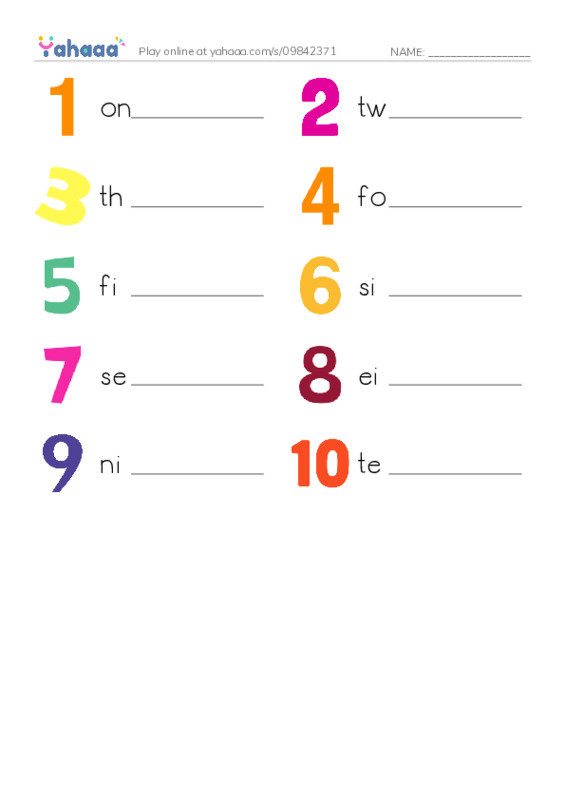 Write the word rows worksheet for Number words