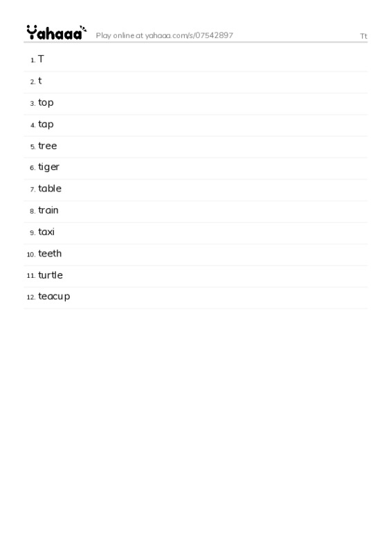 Word list with meanings worksheet for Tt