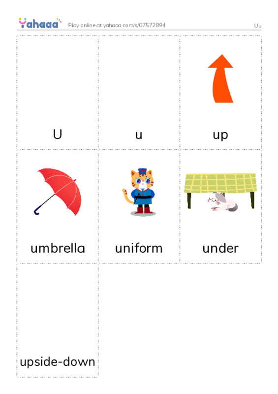 Picture flashcards worksheet for Uu