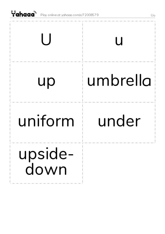 Word flashcards worksheet for Uu