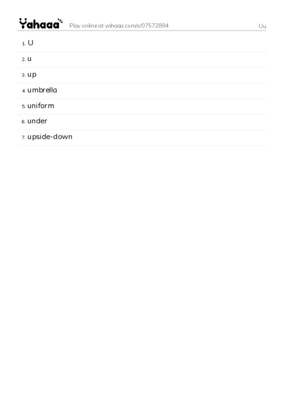 Word list with meanings worksheet for Uu