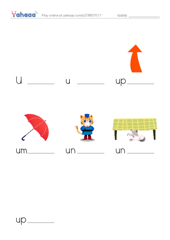 Finish the word worksheet for Uu