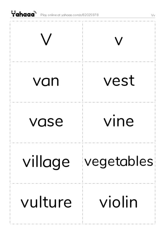 Word flashcards worksheet for Vv