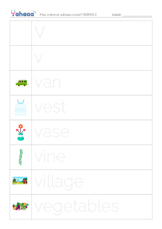 Picture and word rows worksheet for Vv