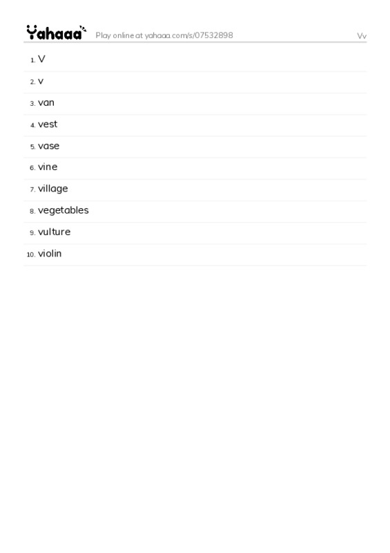 Word list with meanings worksheet for Vv