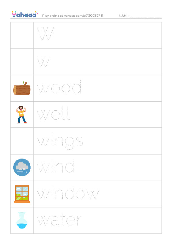 Picture and word rows worksheet for Ww