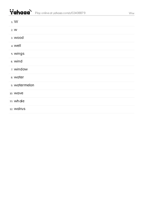 Word list with meanings worksheet for Ww