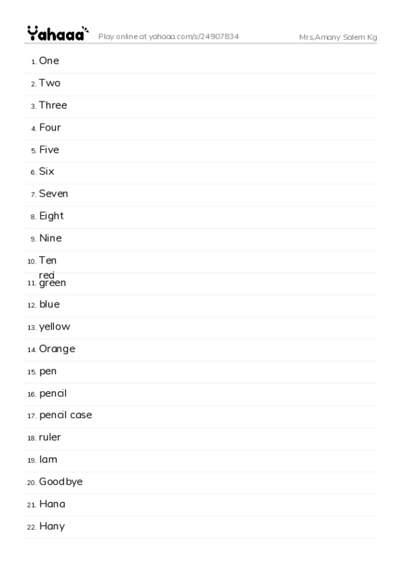 Word list with meanings worksheet for Mrs,Amany Salem Kg