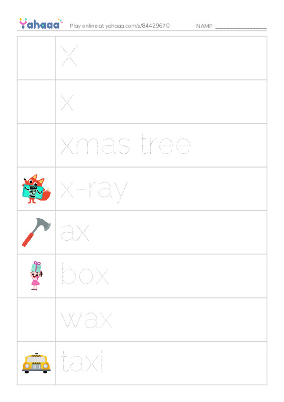 Picture and word rows worksheet for Xx