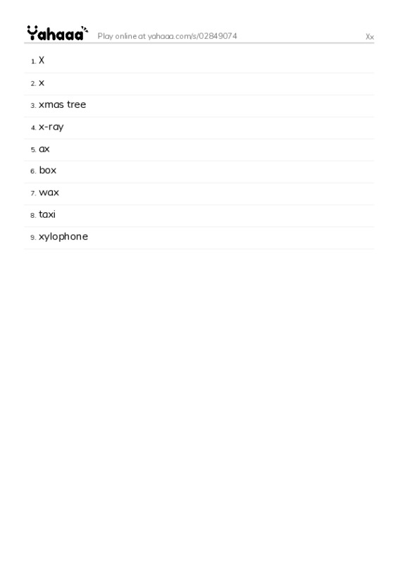 Word list with meanings worksheet for Xx