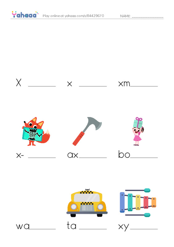 Finish the word worksheet for Xx