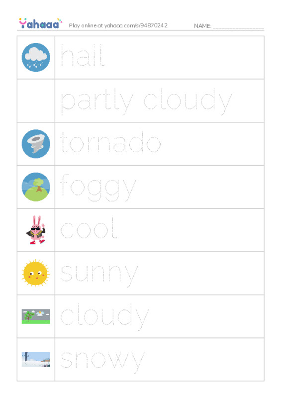 Picture and word rows worksheet for Weather
