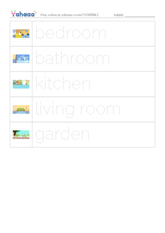 Picture and word rows worksheet for Rooms in the house