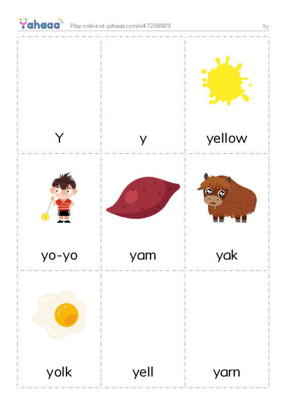 Picture flashcards worksheet for Yy