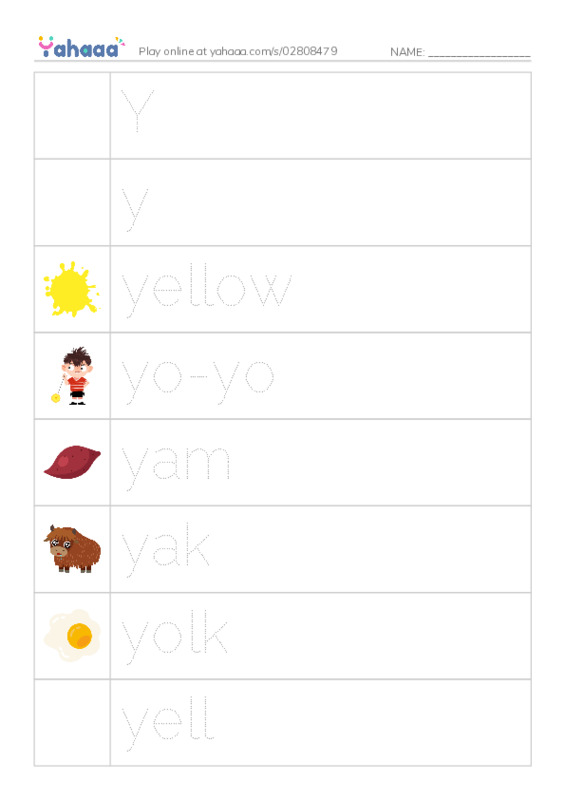 Picture and word rows worksheet for Yy