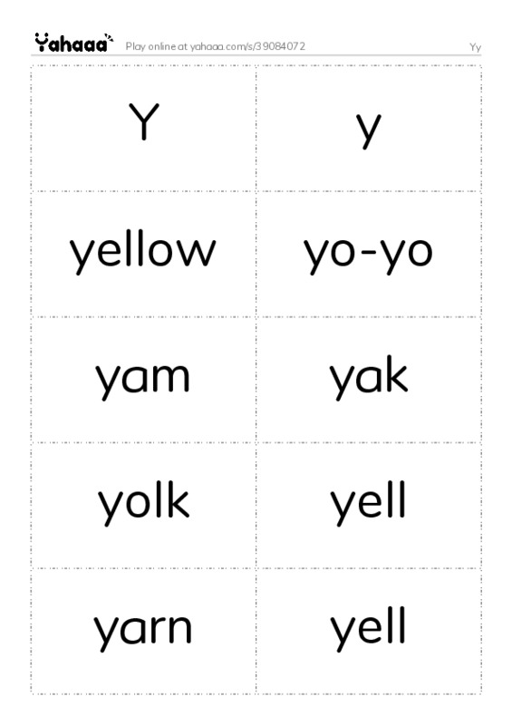 Word flashcards worksheet for Yy