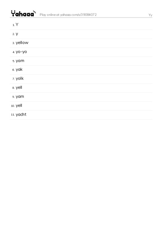 Word list with meanings worksheet for Yy