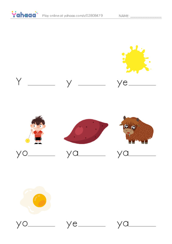 Finish the word worksheet for Yy