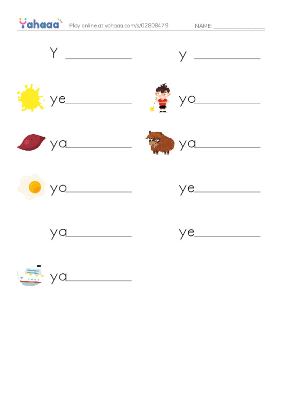 Write the word rows worksheet for Yy