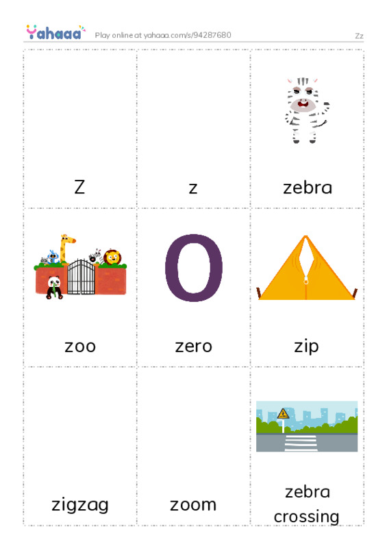 Picture flashcards worksheet for Zz