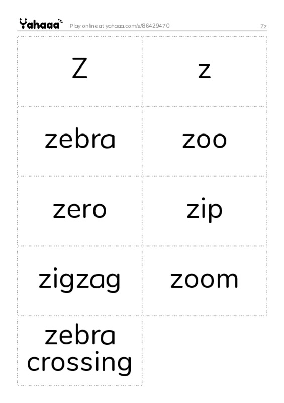 Word flashcards worksheet for Zz