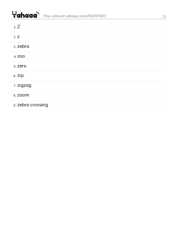 Word list with meanings worksheet for Zz