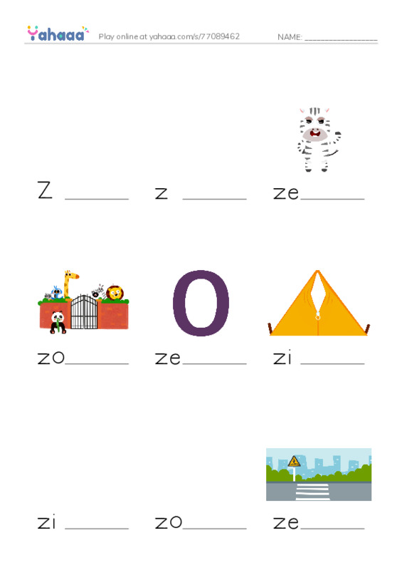 Finish the word worksheet for Zz