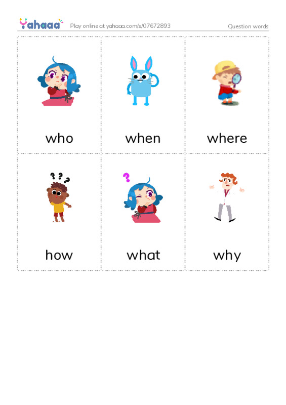 Picture flashcards worksheet for Question words