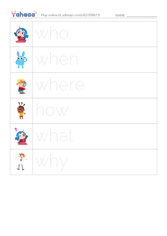Picture and word rows worksheet for Question words