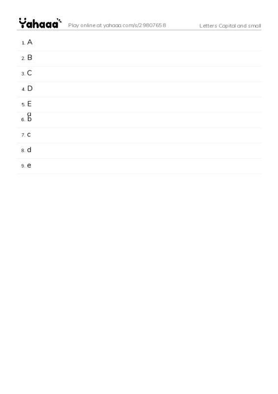 Word list with meanings worksheet for Letters Capital and small